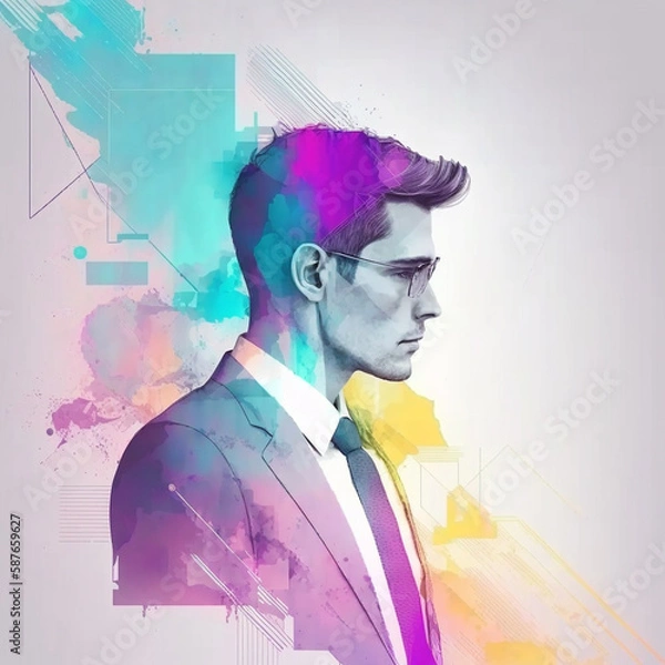 Fototapeta Half-turned side profile close up view portrait of handsome virile masculine attractive confident smart intelligent clever african man looking aside weairng smartsuit isolated on gray background