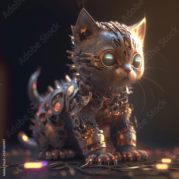 Fototapeta Cute little robotic cat, kawaii, beige on a warm gray background, warm orange side light, 3D rendering