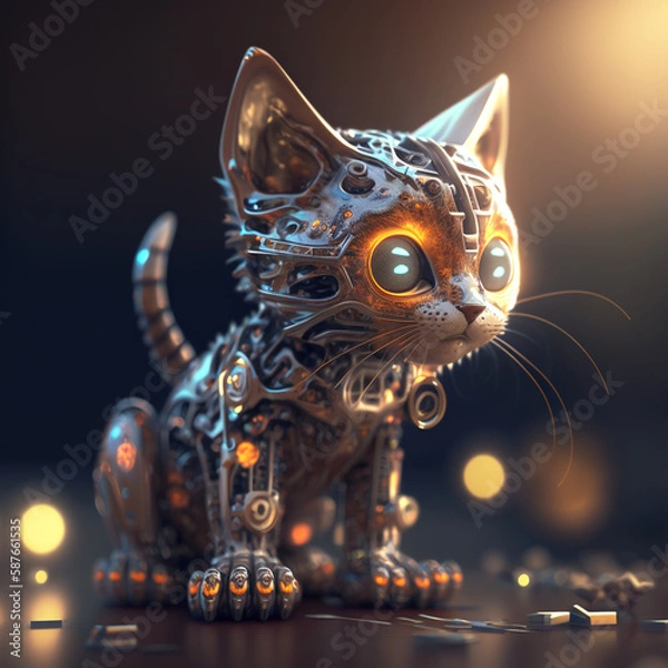 Fototapeta Cute little robotic cat, kawaii, beige on a warm gray background, warm orange side light, 3D rendering