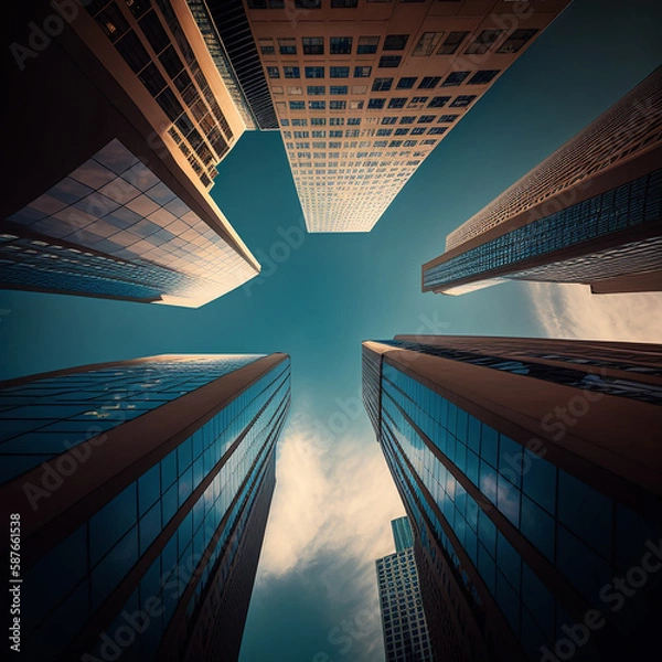 Fototapeta Investing, trading and real estate market crisis concept with digital red financial chart candlestick and graphs on modern skyscraper tops bottom view background, double exposure