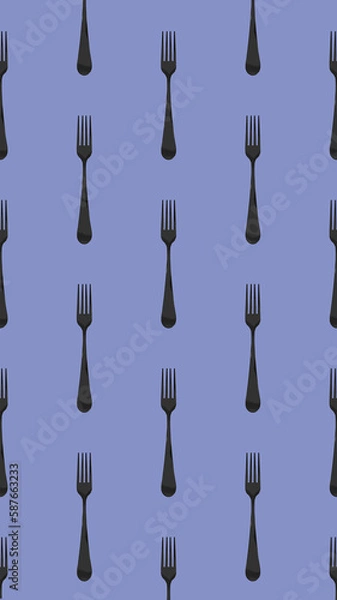 Obraz pattern. Fork top view on pastel blue background. Template for applying to surface. Vertical image. Flat lay. 3D image. 3D rendering.