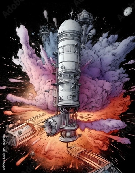 Fototapeta Colorful exploding space station, cartoon style