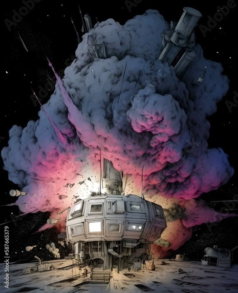 Fototapeta Colorful exploding moon station, cartoon style