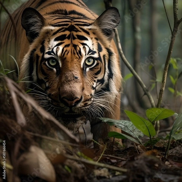 Fototapeta Crouching tiger on the hunt in jungle
