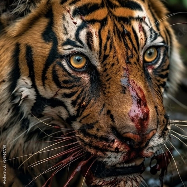 Fototapeta Close-up tiger after hunting with blood-covered face, wounded