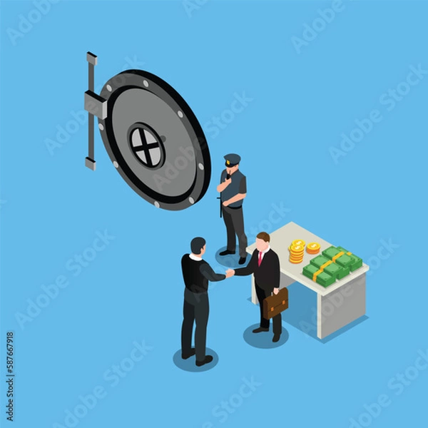 Fototapeta Business deal in a safe room with vault and money isometric 3d vector illustration concept banner, website, landing page, ads, flyer template