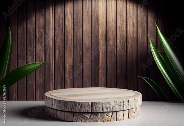Fototapeta Wooden podium in rustic style, platform for product presentation with green leaves on background. Generative AI.