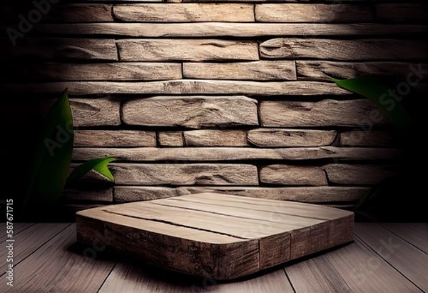 Fototapeta Wooden podium in rustic style, square platform for product presentation with green leaves on background. Generative AI.