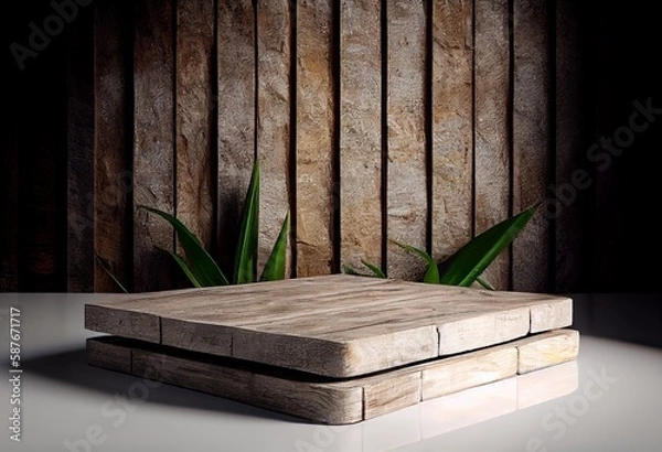 Fototapeta Wooden podium in rustic style, square platform for product presentation with green leaves on background. Generative AI.