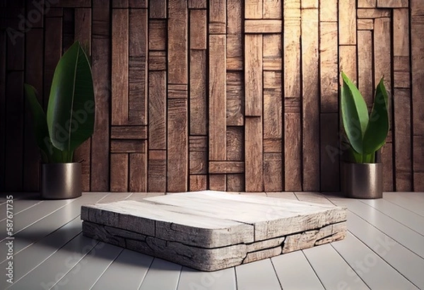 Fototapeta Wooden podium in rustic style, square platform for product presentation with green leaves on background. Generative AI.