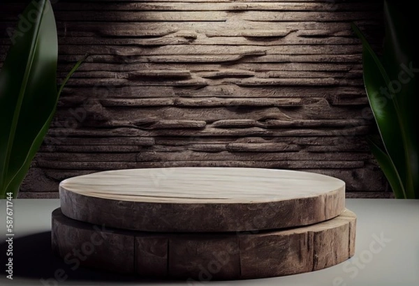 Fototapeta Wooden podium in rustic style, platform for product presentation with green leaves on background. Generative AI.