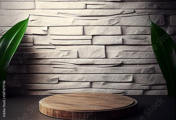 Fototapeta Wooden podium in rustic style, platform for product presentation with green leaves on background. Generative AI.