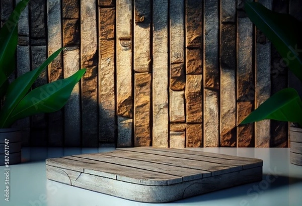 Fototapeta Wooden podium in rustic style, square platform for product presentation with green leaves on background. Generative AI.