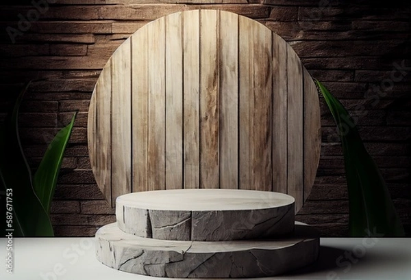 Fototapeta Wooden podium in rustic style, platform for product presentation with green leaves on background. Generative AI.