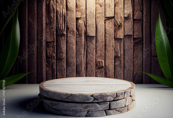 Fototapeta Wooden podium in rustic style, platform for product presentation with green leaves on background. Generative AI.