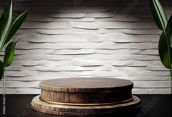 Fototapeta Wooden podium in rustic style, platform for product presentation with green leaves on background. Generative AI.
