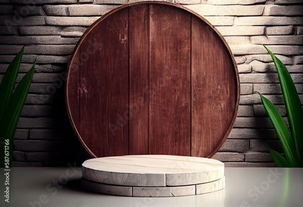 Fototapeta Wooden podium in rustic style, platform for product presentation with green leaves on background. Generative AI.