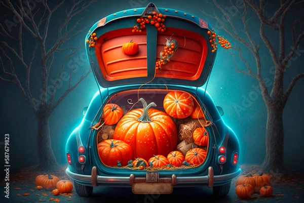 Fototapeta cute trunk of car decorated for Halloween with cobwebs, orange balloons, pumpkins and sweets, the outdoor creative activity concept in autumn in October, AI generative