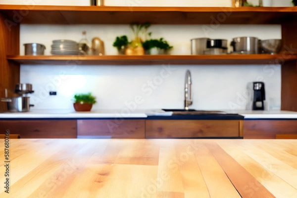 Fototapeta Modern kitchen interior with empty counter, post processed generative AI art