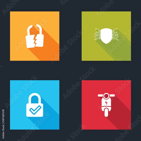 Obraz Set Broken or cracked lock, Cyber security, Lock and check mark and Electric scooter icon. Vector