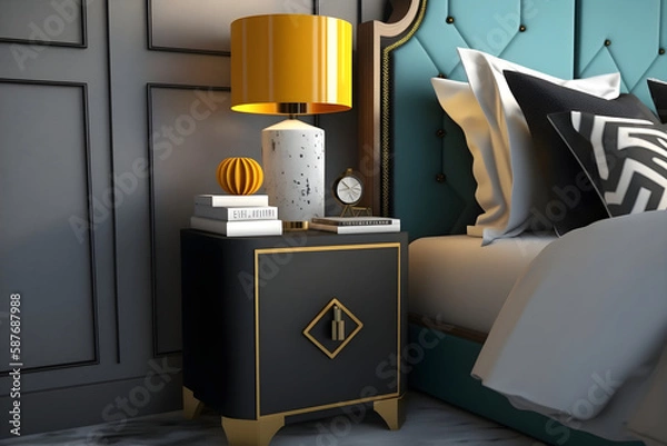 Fototapeta Grey nightstand in the bedroom, style memphis, Generative AI