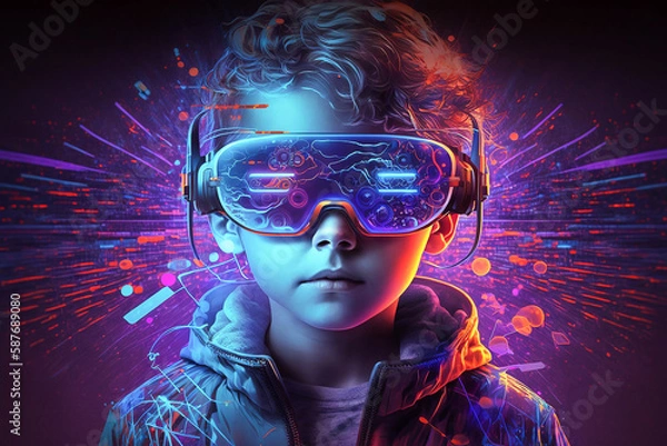 Obraz Young boy wearing VR virtual reality headset. Neon lights and lines. Futuristic technological theme. Neon lights. Generative AI technology