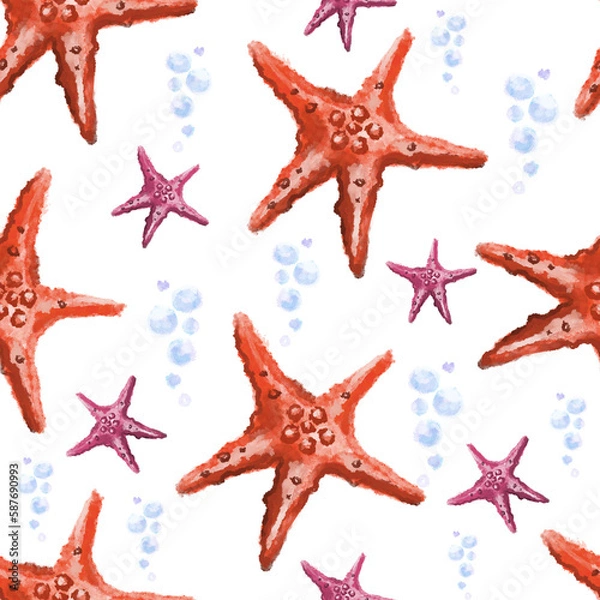 Fototapeta Seamless pattern with starfish and bubbles.