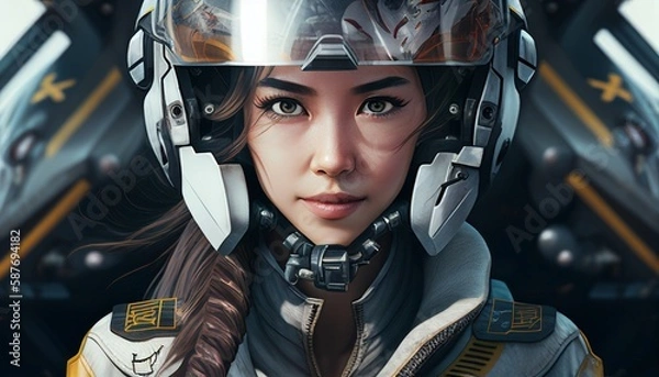 Fototapeta Wearing a pilot's helmet, detailed eyes, a slim figure, smile,Warframe,Big Close-Up(BCU),The future of science and technology, the beautiful girl, fighter pilots, standing in front of the plane