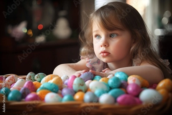 Fototapeta Easter eggs with little cute girl. Generative AI.