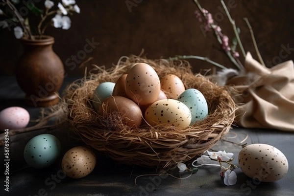 Fototapeta Holiday Easter eggs on the table. Generative AI.