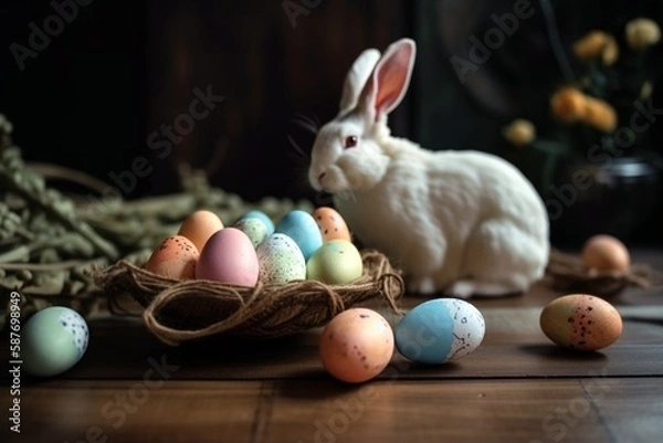Fototapeta Easter holiday bunny and eggs. Generative AI.