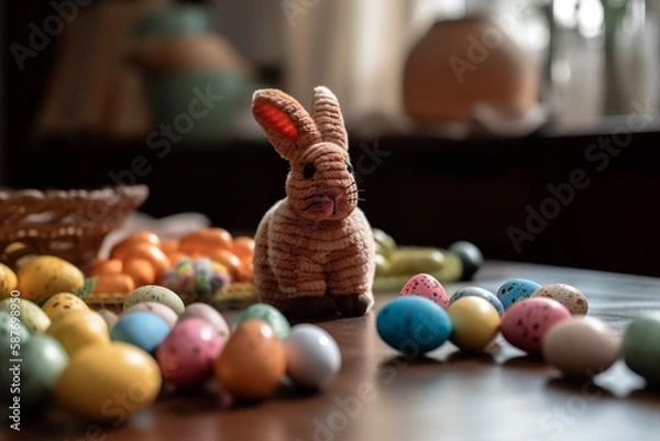 Fototapeta Easter holiday bunny and eggs. Generative AI.