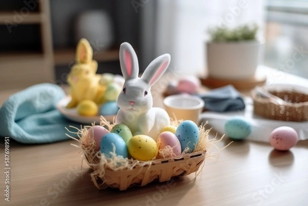 Fototapeta Easter holiday bunny and eggs. Generative AI.