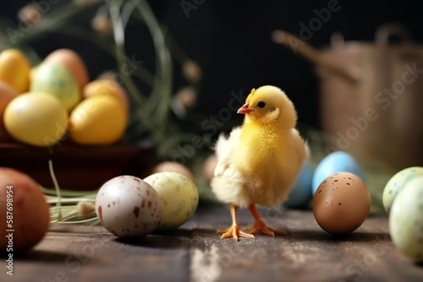 Fototapeta Easter little chicken  and eggs. Generative AI.