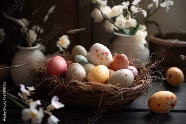 Fototapeta Holiday Easter eggs on the table. Generative AI.