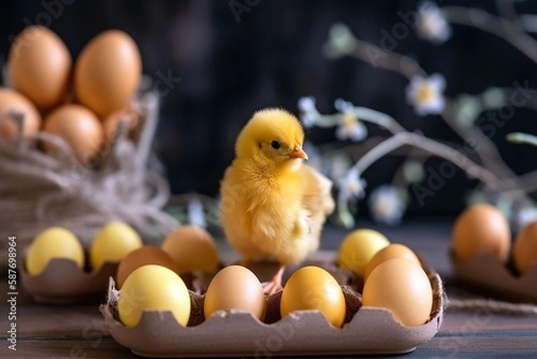 Fototapeta Easter little chicken  and eggs. Generative AI.