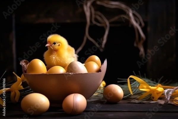 Fototapeta Easter little chicken  and eggs. Generative AI.