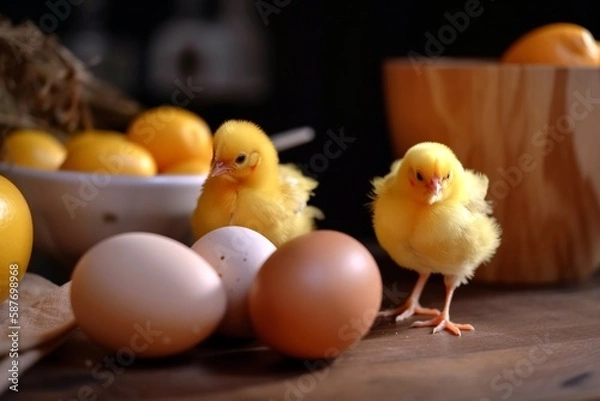 Fototapeta Easter little chicken  and eggs. Generative AI.