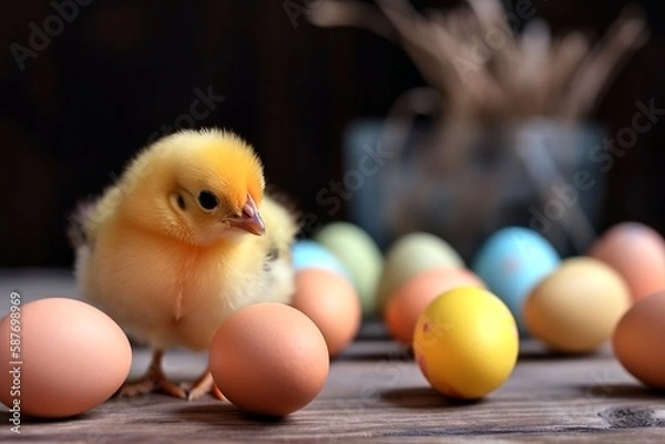 Fototapeta Easter little chicken  and eggs. Generative AI.