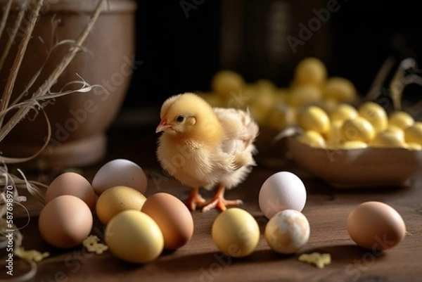 Fototapeta Easter little chicken  and eggs. Generative AI.