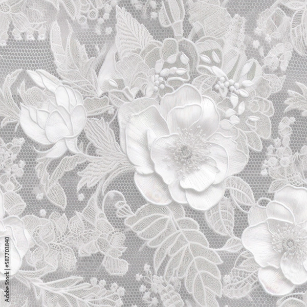 Fototapeta Tulle fabric. Lace fabric. Seamless and transparent  texture. Lace textile pattern with soft vintage material. Seamless floral tulle pattern. Generative AI.