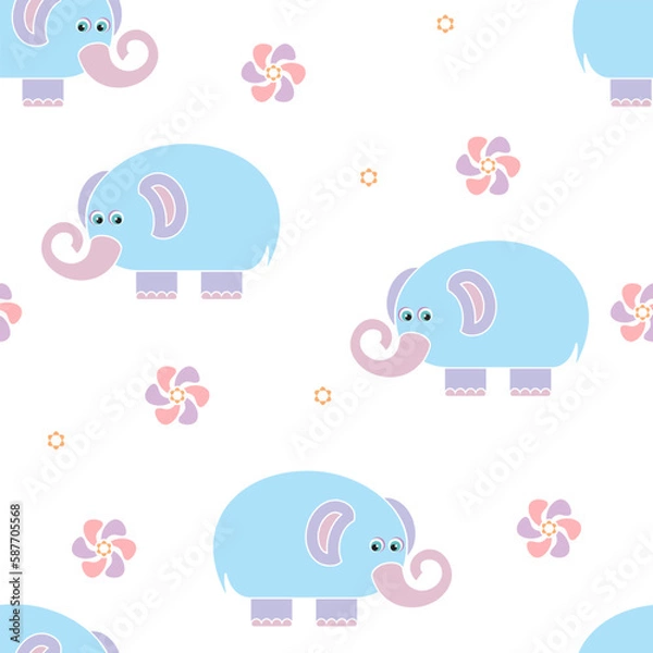 Fototapeta Cute blue elephants seamless pattern. Cartoon children's background. Vector simple illustration.