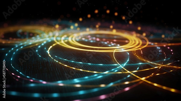 Fototapeta Abstract glowing digital multicolor radial lines and sparkling dots. Based on Generative AI