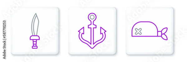 Fototapeta Set line Pirate bandana for head, sword and Anchor icon. Vector