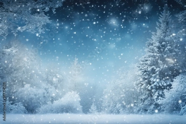 Fototapeta winter wonderland with snow-covered trees and falling snowflakes. Generative AI