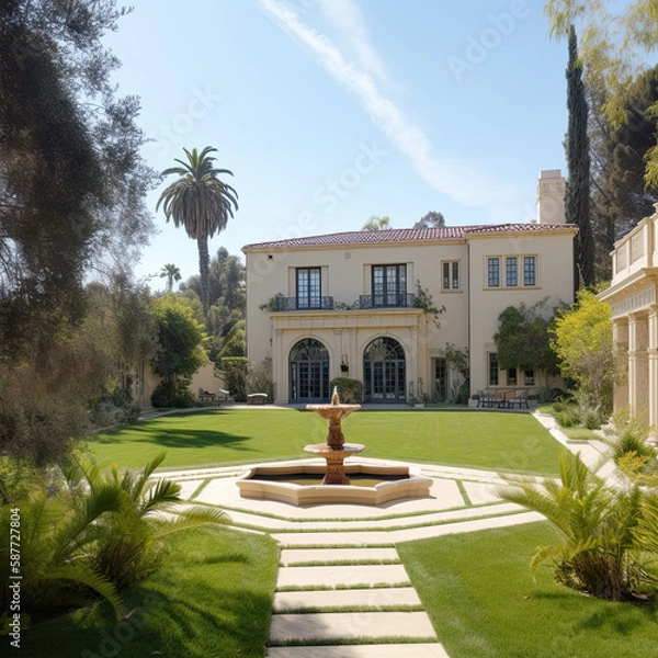 Fototapeta Luxury house with green yard and fountain, generative ai