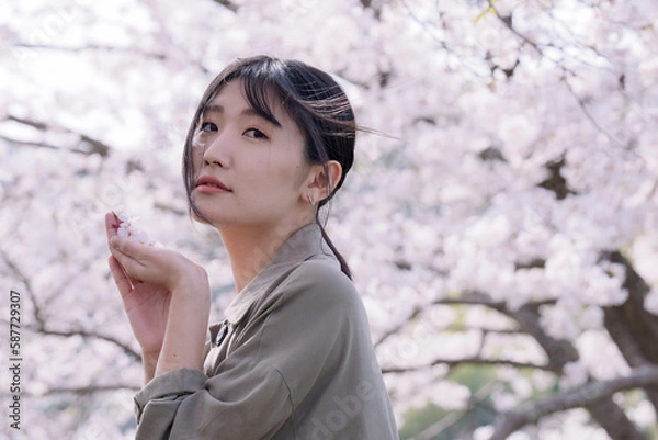 Fototapeta 桜に願い事をする女性５