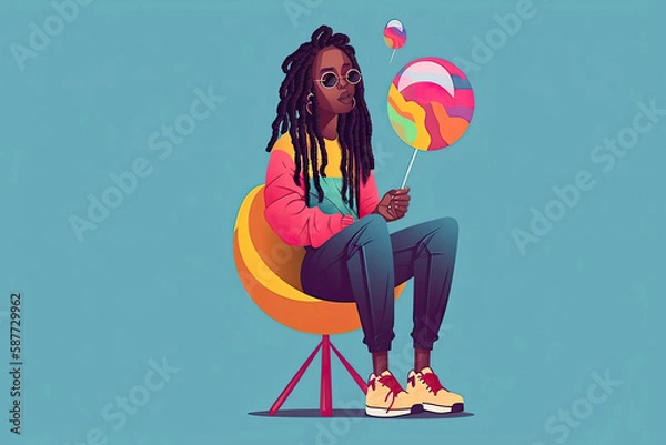 Fototapeta A dark-skinned girl with dreadlocks and trousers in the 90s or 2000s sat down. Young stylish woman holding a lollipop