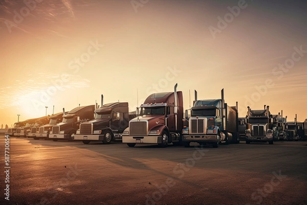 Fototapeta Different make big rigs semi trucks tractors with loaded semi trailers standing in the row on truck stop parking lot at early morning waiting for the route continuation time according to the log book
