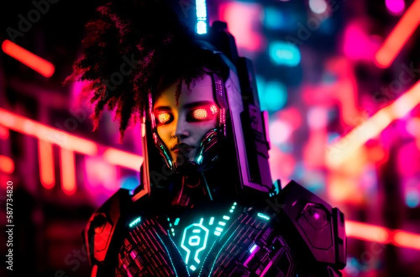Fototapeta Woman cyberpunk. Cybernetic female with innovative technologies. Generative AI.